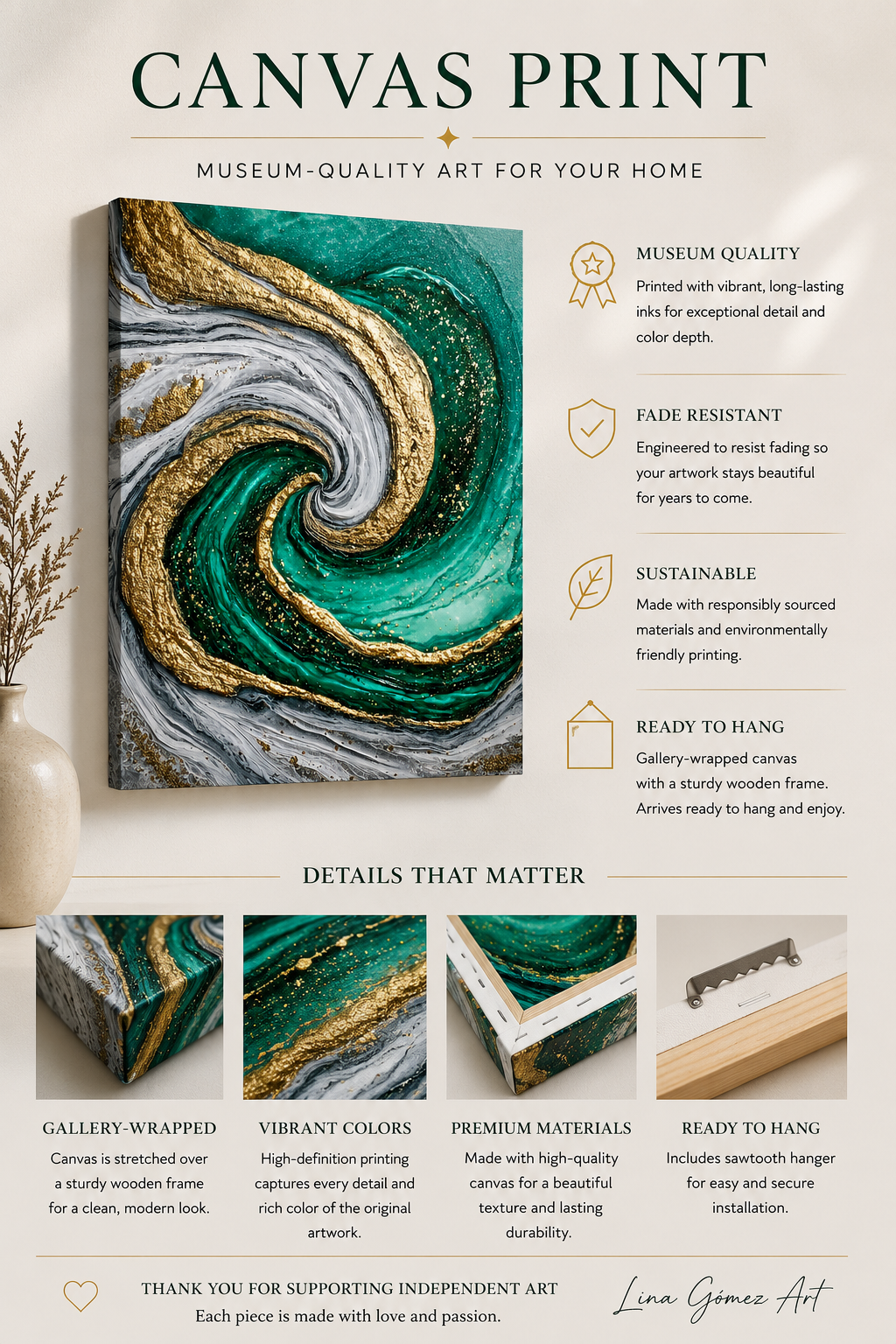 Emerald Current I - Coastal Canvas Print by Lina Gomez